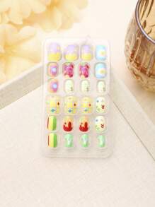 (168pcs 7 Packs) And (24pcs 1 Pack) Children's Acrylic False Nails Press-On Pre-Glued Full Cover Glitter Cute Everyday Food, Macron Biscuits, Small Cakes, Pizza, French Fries, Strawberries, Cherries Other Elements Short Children's Stick-On False Nails Set Suitable For Children Little Girls - Cute Simple Food Festival Party Theme Nail Diamond - Multicolor - View 10