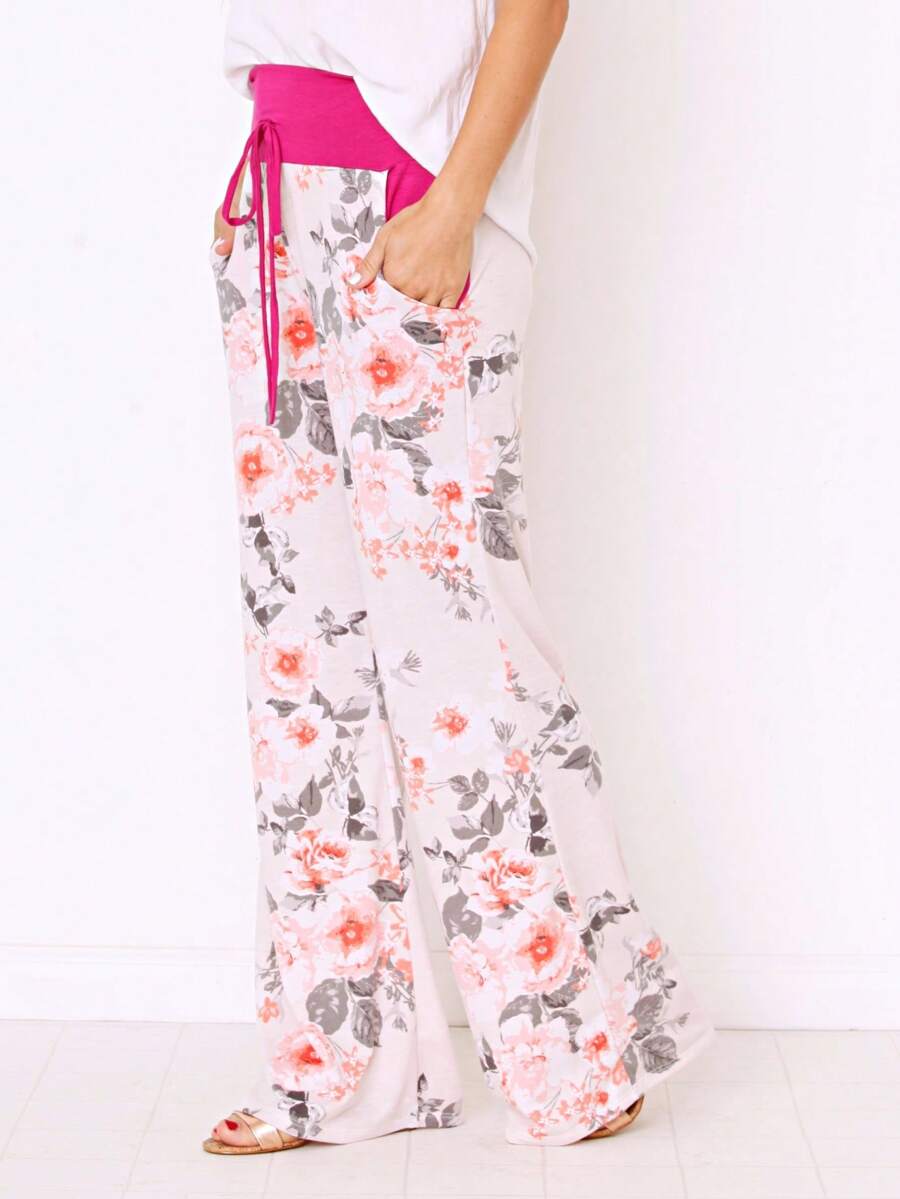 Floral Drawstring Fold Over Band Wide Leg Lounge Pants - 白色 - 查看 1