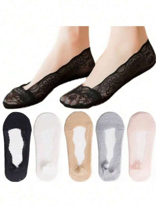 Kit 03un Meia Sapatilha Invisível Feminina Com Silicone Fina Modelo Com Renda Aleatória