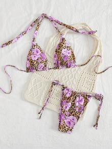 Leopard & Floral Print Bikini Set For Beach/Vacation - Multicolor - View 3