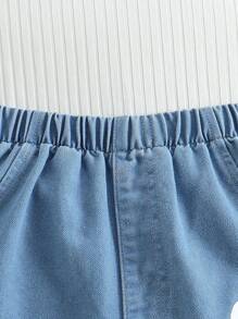 2pcs/Set Tween Girls Summer Lightweight Solid Color Camisole & Floral Print Denim Shorts Set - White - View 4