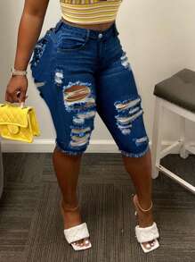 Ripped Raw Hem Denim Shorts - Dark Wash - View 1