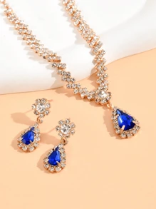 Fully Rhinestone Water Drop Pendant Necklace And Earrings Set - Silver - View 8