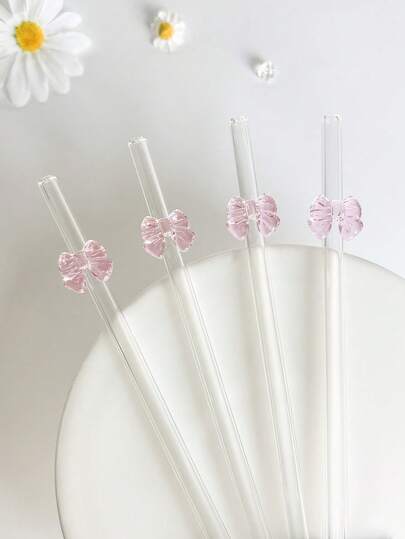 1 件/2 件/4 件卡通粉色蝴蝶结可重复使用直玻璃吸管，适用于冰沙、牛奶、茶、果汁、小吃店、派对饮料、鸡尾酒、奶昔冰沙、苏打水，适用于夏季户外野餐、餐厅、父亲节、返校和毕业季。、学校用品