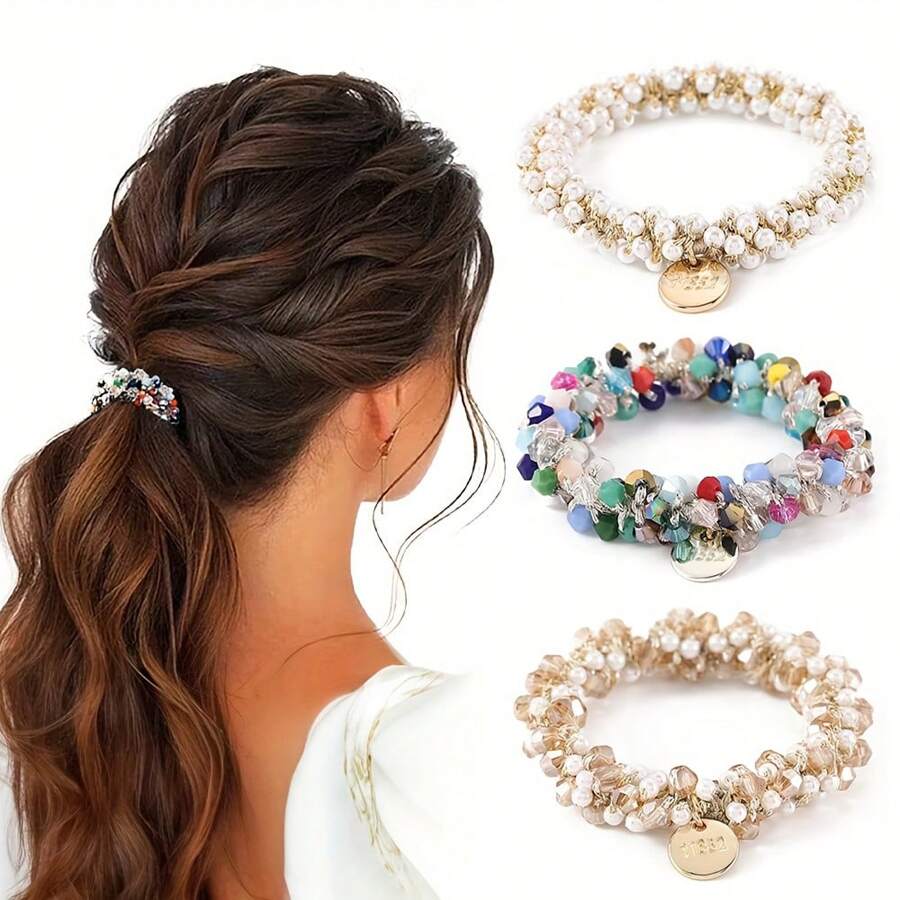 Bộ 3 món phụ kiện tóc nữ cao cấp, thời trang, đính pha lê và ngọc trai giả, dây buộc tóc, chun buộc tóc, vòng tay và phụ kiện tóc, dây buộc tóc, kẹp tóc, dây chun buộc đầu. - Nhiều màu - Xem 1