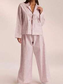 Pijama de mujer de color lila con camisa holgada de manga larga y pantalón largo - Conjunto de pijama para damas, ideal para vacaciones
