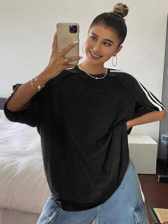 1pc Teen Girls Outdoor Casual Fashion Shoulder Color Block Stripe Short Sleeve T-Shirt, Spring/Summer/Autumn