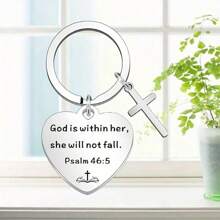 1pc Christian Bible Verse Keychain With Cross Pendant Heart Shape Stainless Steel Keyring Bag Backpack Charm Birthday Love Christmas Gift Ideas - Silver - View 5