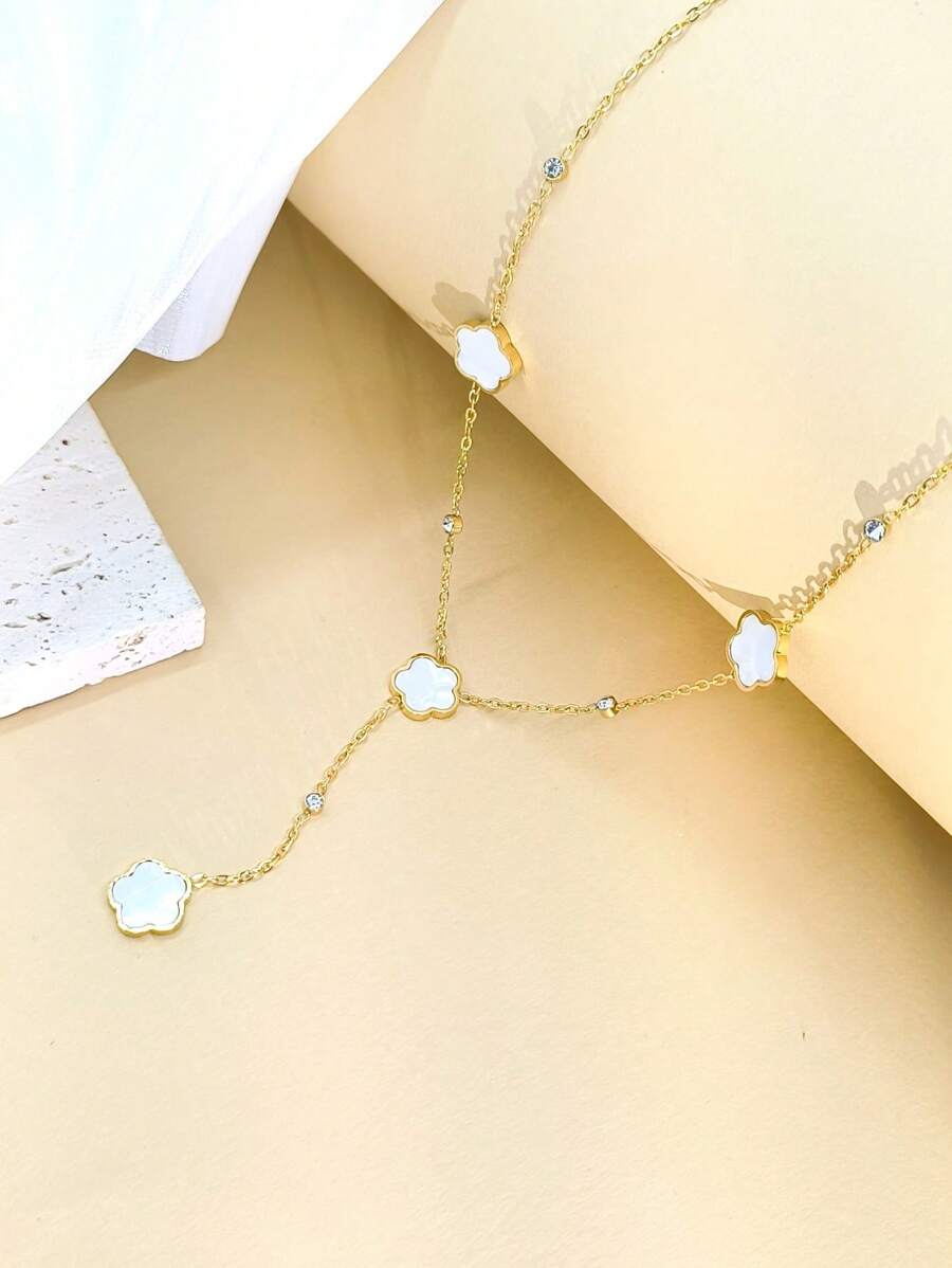 1pc Minimalist Vintage Shell & Floral Rhinestone Pendant Necklace, Fashion Versatile Gift For Her