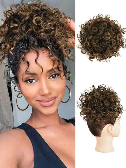 nimoki 女士凌乱发髻，弹力抽绳卷发发髻发片，波浪卷发发髻接发，短马尾接发，波浪卷发发髻发片，女士日常使用