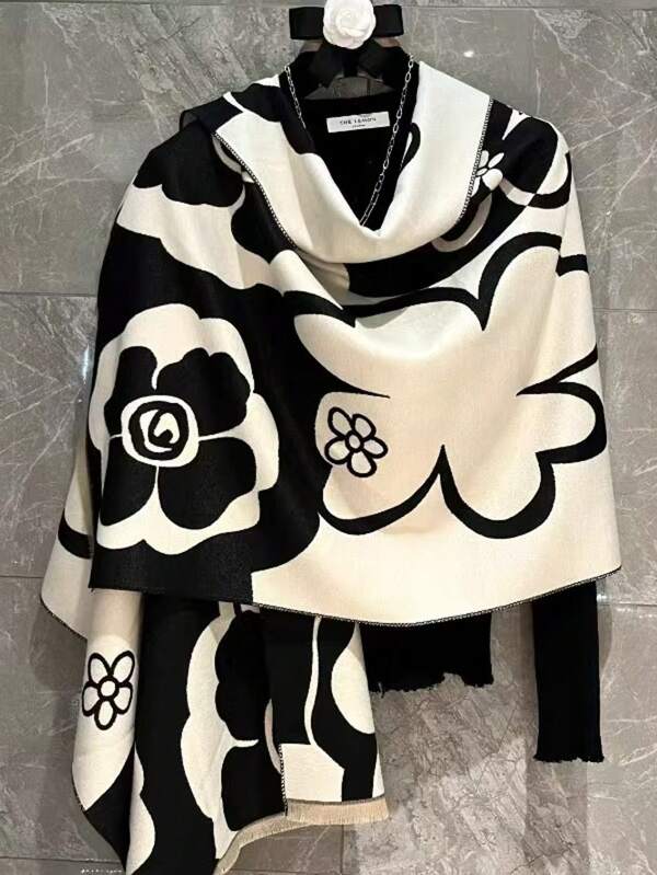 1pc Elegant Versatile Oblong Scarf/Shawl With Leaf Pattern, High-Quality Feel, Warm And Comfortable, Suitable For Work, Street, Casual, Party, All Seasons, Made Of Polyester