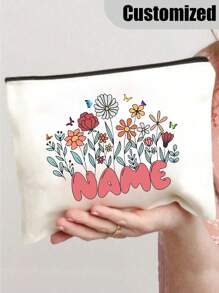 [Custom Made] Polyester Flower Design Cosmetic Bag For Women - Waterproof, Large Capacity,Personalized Name,Unscented, Portable Zip Makeup Pouch, Travel Essential, Gift For Flower Lovers - Exclusive Gift - Multicolor - View 3