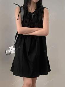 Petite Women's Vintage Pleated Bowknot Sleeveless Backless Mini Dress, Summer