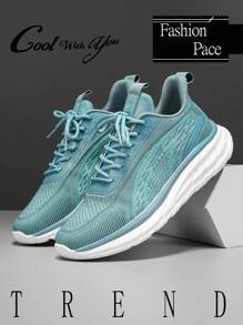 Zapatillas deportivas con suela gruesa y amortiguación, estilo casual de uso diario con bloques de color, rayas, malla transpirable y cordones delanteros, para primavera/verano