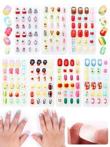 (168pcs 7 Packs) And (24pcs 1 Pack) Children's Acrylic False Nails Press-On Pre-Glued Full Cover Glitter Cute Everyday Food, Macron Biscuits, Small Cakes, Pizza, French Fries, Strawberries, Cherries Other Elements Short Children's Stick-On False Nails Set Suitable For Children Little Girls - Cute Simple Food Festival Party Theme Nail Diamond - Multicolor - View 1
