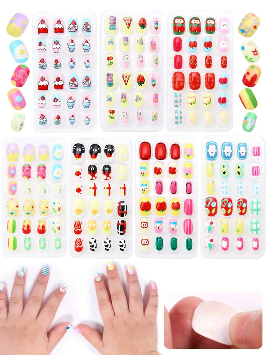 (168pcs 7 Packs) And (24pcs 1 Pack) Children's Acrylic False Nails Press-On Pre-Glued Full Cover Glitter Cute Everyday Food, Macron Biscuits, Small Cakes, Pizza, French Fries, Strawberries, Cherries Other Elements Short Children's Stick-On False Nails Set Suitable For Children Little Girls - Cute Simple Food Festival Party Theme Nail Diamond - Multicolor - View 1