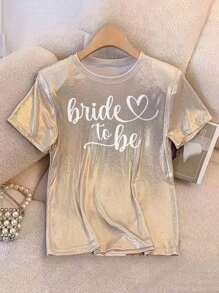 法式优雅时尚美人鱼婚礼季圆领闪亮字母印花短袖T恤 - 金色 - 查看 1