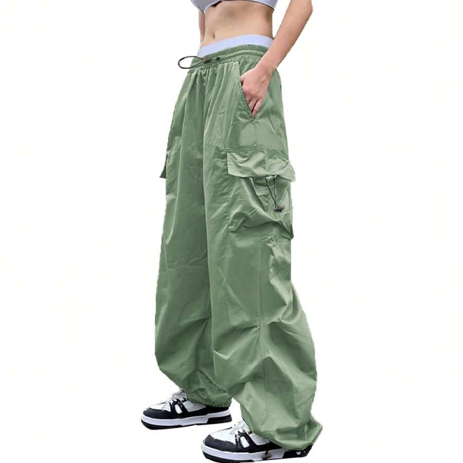 Women Parachute Drawstring Pockets Cargo Pantalones Casual Loose Fit Baggy Pants Y2k Clothing - màu xanh lá - Xem 1