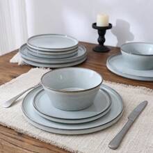 Famiware Saturn Dinnerware Sets, Plates And Bowls Sets For 4, 12 Pieces Stoneware Dish Set - Chip And Scratch Resistant, Microwave And Dishwasher Safe Tableware Set, Light Green With Brown Rim
