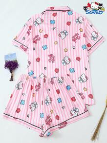 2 件套女士 Sanrio Hello Kitty 印花 Polo 领短袖纽扣口袋上衣和蝴蝶结短裤睡衣套装，适合家居服，春夏季 - 粉色 - 查看 2