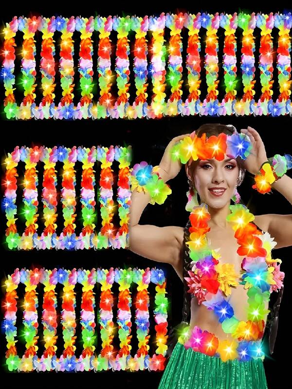 Set de 6 collares de luces LED en estilo hawaiano, collares de guirnalda hawaiana con luces LED para playa, suministros de fiesta tropical rave, temática hawaiana, fiesta rave, boda en la playa, mascarada, festival de música, collar de guirnalda hawaiana falso con luces LED para playa, fiesta rave tropical, suministros para bodas, mascarada, regalos de fiesta de verano tropical para la playa
