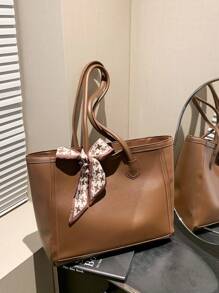 围巾装饰新款复古大号纯色单肩托特包女包，时尚金属链带斜挎单肩包，多用途双手柄休闲托特包单肩手提包，女士百搭工作包