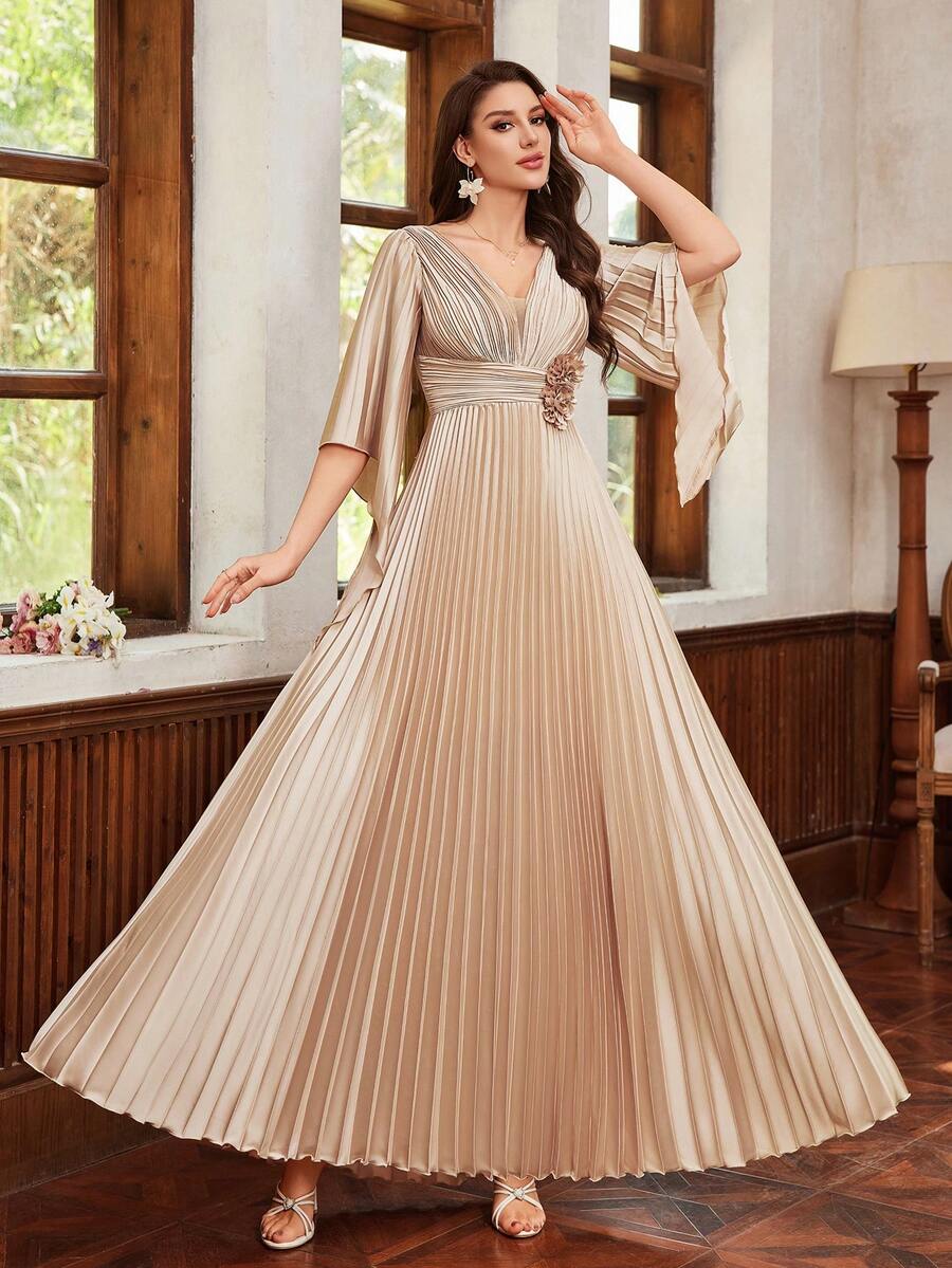 Kexmon 优雅奢华女士 V 领荷叶边礼服，搭配浪漫 3D 花朵飘逸舞会礼服，非常适合正式场合和晚会舞会婚礼宾客礼服，适合毕业晚宴、派对礼服