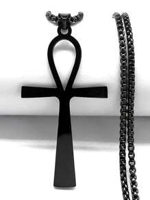 Colar Amuleto Religioso Goth Egípcio Cruz Ankh Chave da Vida em Aço Inoxidável na Cor Preta
