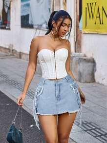 Vintage Street Style Flap Pocket Distressed Frayed Hem Denim Mini Skirt - Blue and White - View 3