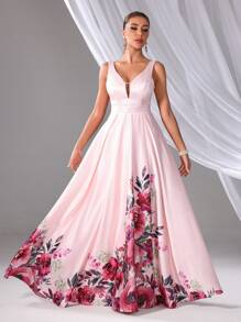 Women's Floral Print Long Elegant Sleeveless Dress, Bridesmaid Dress - Pink - View 1