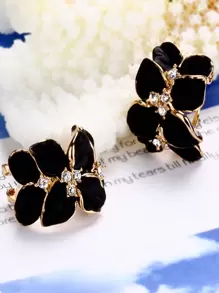 3pcs Set Elegant Black Rose Flower Earrings Necklace Jewelry Set For Women, Perfect For Wedding, Party And Bridal - Yellow Gold - View 3