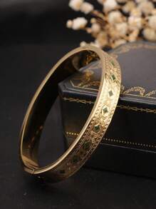 1pc Titanium Steel 18K Gold-Color Four-Leaf Clover & Rhombus Design Bangle, Vintage Luxurious Fashion Versatile, Suitable For Women Daily Wear, Party Gifts
