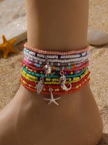 13pcs Boho Ocean Theme Vintage Handmade Beaded Turtle, Seahorse, Seashell, Starfish Fashion Anklet Set,Suitable For Women Beach Vacation, Party, Casual, Daily Wear