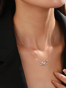 1pc 925 Sterling Silver Fashionable & Simple European-Style Cubic Zirconia Necklace, Luxury & Minimalist Jewelry Gift For Women - Silver - View 1