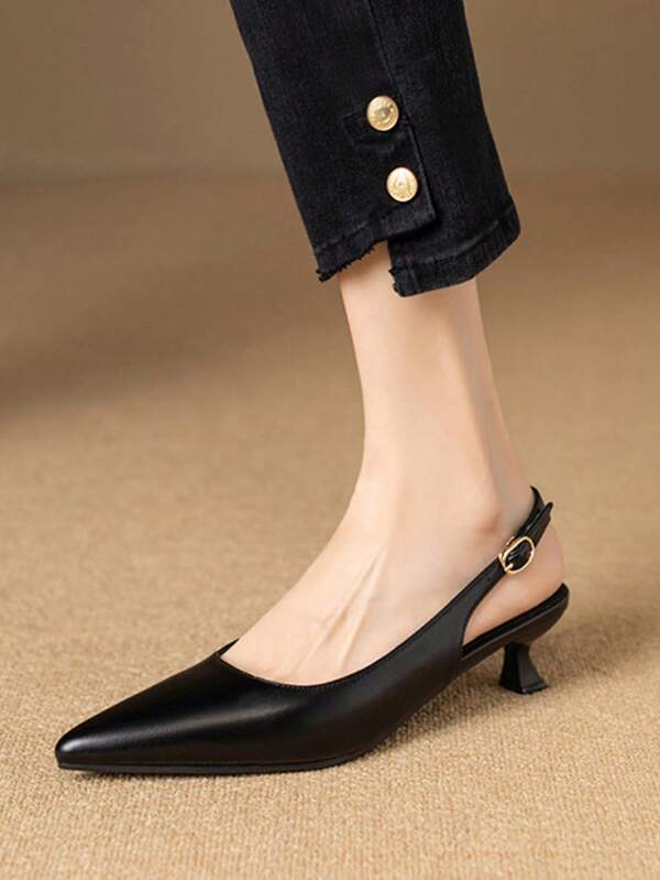 Ladies' Pointed Toe High Heel Soft Bottom Pumps With Open Back And Ankle Strap