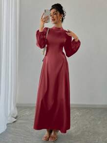 女士纯色立领、灯笼袖、侧系腰长款优雅阿拉伯连衣裙 - 酒紅色 - 查看 4