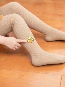 1pc Girls Cartoon Embroidered Duck Print Comfortable Leggings, Daily Match With Skirts, Suitable For Spring & Autumn - Khaki - View 4
