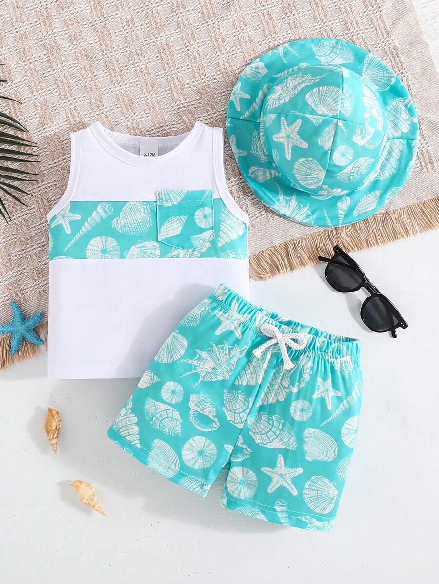 3pcs/Set Fashionable Baby Girl & Boy Shell Printed Top, Printed Shorts And Hat, Summer Outfit - Blue - View 1