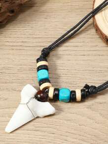 1pc Women's Fashionable Wooden Bead Shark Tooth Necklace, Retro Bohemian Jewelry, Suitable For Summer Holiday Surfing