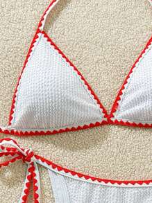 Summer Beach Whip Stitch Halter Triangle Bikini Set - Red - View 4