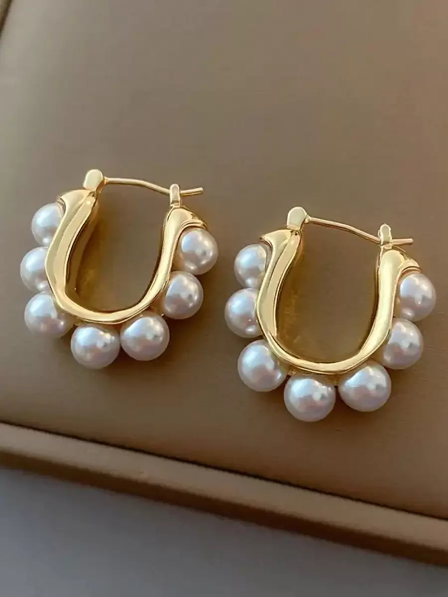1 Cặp Hoa tai vòng tròn hình chữ U trang trí ngọc trai giả kiểu Pháp cổ điển, thời trang tối giản phù hợp với trang phục hàng ngày của phụ nữ - Vàng - Xem 1