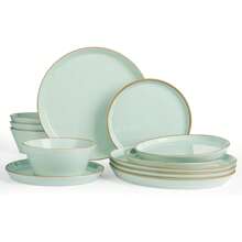 Famiware Saturn Dinnerware Sets, Plates And Bowls Sets For 4, 12 Pieces Stoneware Dish Set - Chip And Scratch Resistant, Microwave And Dishwasher Safe Tableware Set, Light Green With Brown Rim