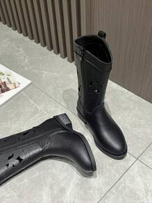 女童镂空刺绣西部牛仔靴，新款时尚中性儿童复古中筒靴，百搭马靴 - 黑色 - 查看 6