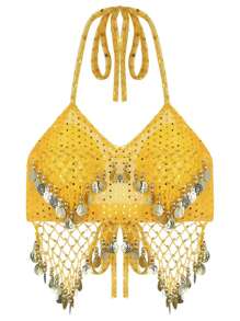 女士亮片串珠流苏露背短款上衣，短款透明亮片雪纺衬衫，波西米亚风节日肚皮舞服装（不可拆卸胸垫） - 彩色 - 查看 16