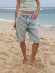 Women's Knee Length Denim Shorts Loose Solid Color Low Rise Wide Leg Long Shorts With Pockets For Summer - Light Wash - View 8