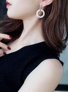 1 Pair Classic European & American Style Rhinestone Geometric Circle Drop Earrings, Fashion Korean Design Minimalist Earring Studs For Women