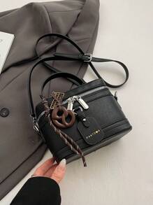 时尚新款优雅纯色 PU 面料便携式方包，迷你 PU 包，纯防水面料酒红色包，字母图案装饰设计盒子包，适合旅行购物、聚会、派对、通勤。