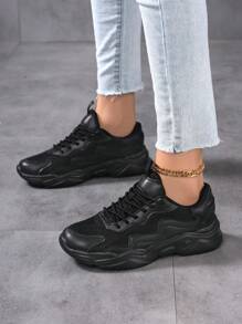 Women's Casual Sports Shoes, Spring & Autumn New Lace-Up Low-Top Leather & Mesh Contrast Breathable Lightweight Unisex Chunky Sneakers, Fashionable Chunky Sole Anti-Skid Wear-Resistant Casual Outdoor Walking Travel Leisure Couple Sneakers Midtop Leather Shoes, Waterproof Sporty Small White Shoes - Black - View 8