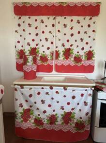 Kitchen Set Kit 10 Printed Pieces Window Curtain Table Runner Sink Curtain Tea Towel Placemat - flores vermelha - 查看 2