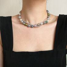 1pc Double-Layer Twisted Retro Mixed Bright Crystal & Faux Pearl Necklace, Fashionable Choker Necklace For Women, Suitable For Daily Matching, Mother's Day Gift - Picture Color - View 9